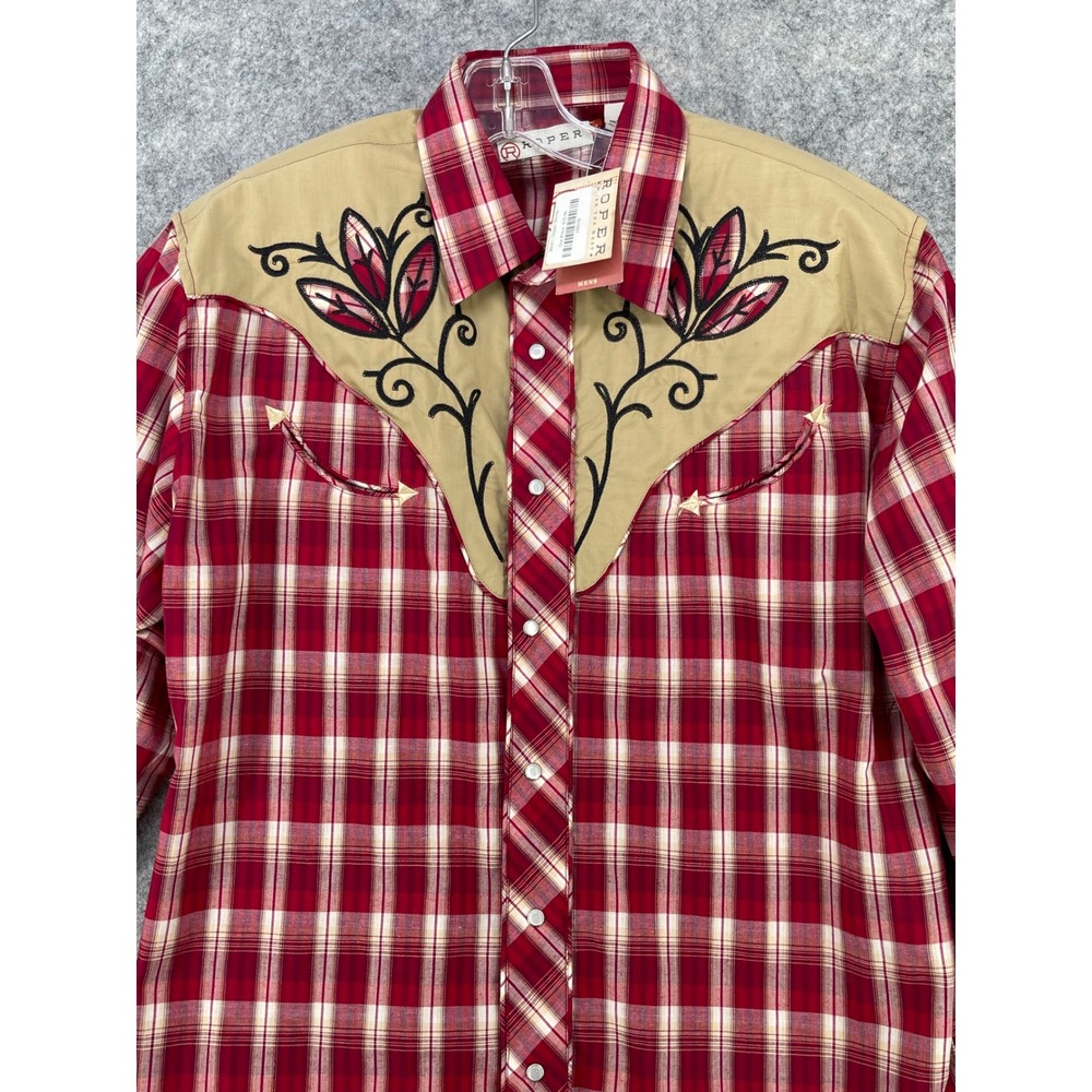 Roper Western Shirt Men L Red Plaid Embroidered Yoke Pearl Snap Smile Pocket NEW - Picture 2 of 15